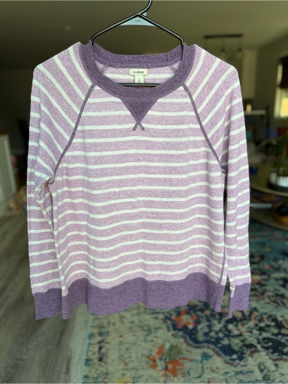 L.L.Bean Organic Cotton purple/white Striped Raglan Pullover Sweater — Size L 💜